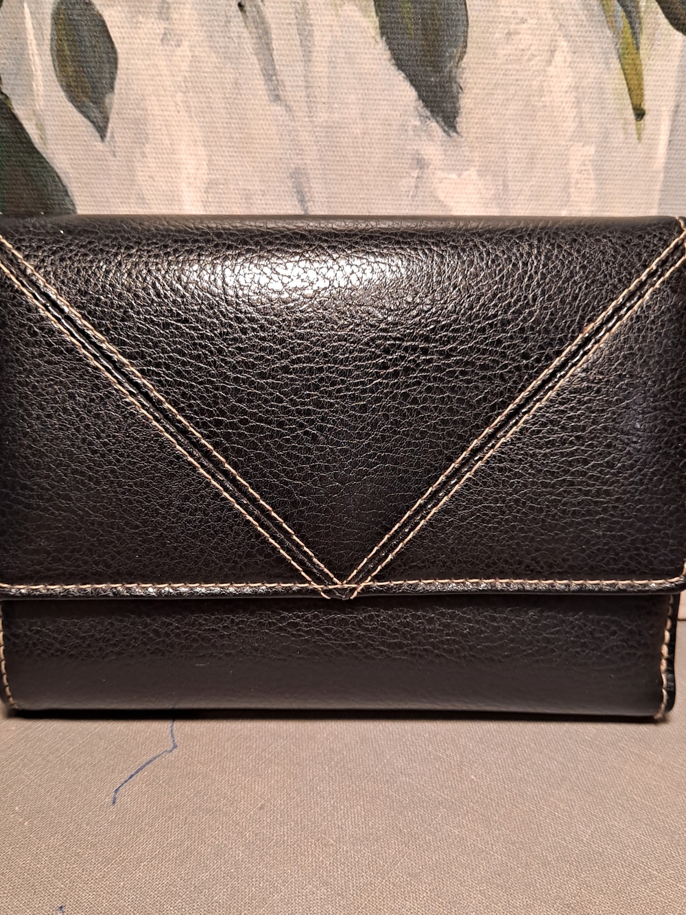 Liz Claiborne Black Faux Leather Trifold   Fold-Over Wallet Contrast Stitching